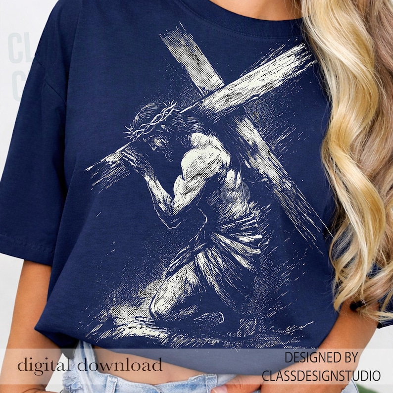 Jesus Carrying Cross PNG – Vintage Halftone Easter Christian Design, Good Friday Graphics (Digital Download) bild 4