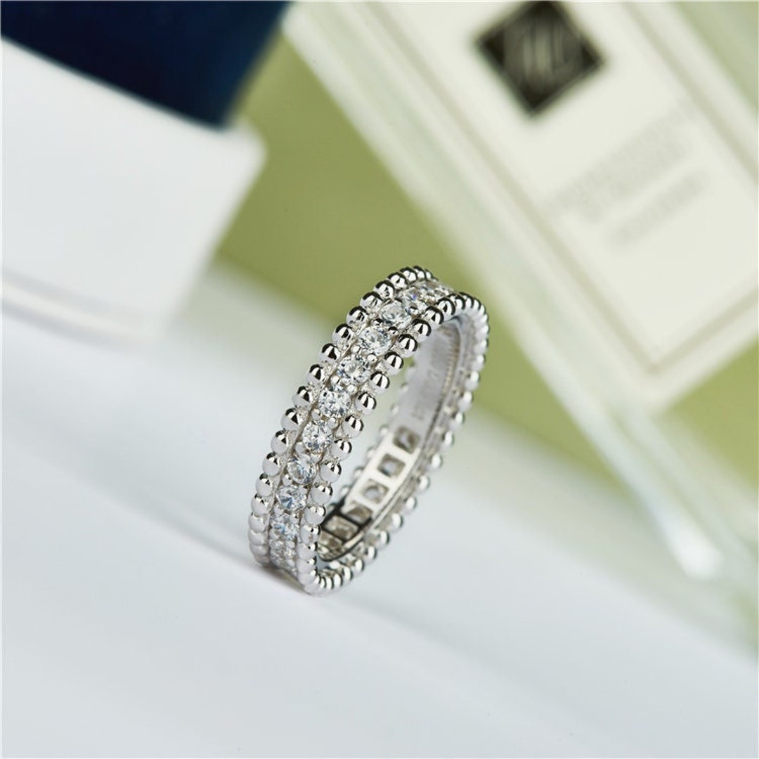 S925 Solid Silver Beaded Edge Band Ring, Simulated Diamond Dots Ring