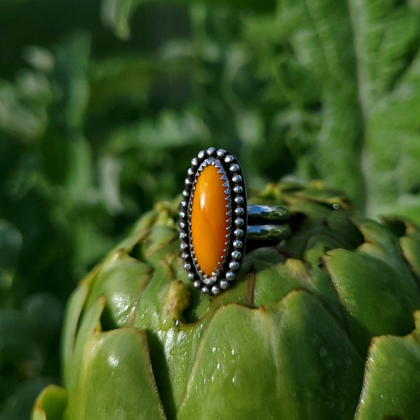 Pumpkin Rosarita Ring with long oval-shaped light orange rosarita stone sterling ailver beaded frame and sarrated bezel size 4.75