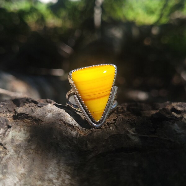 Candy Rosarita Ring with yellow and orange striped rosarita stone triangle shaped sterling silver size 8.5