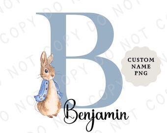 Peter Rabbit Name Initial Print | Personalized Bunny Nursery Art | Custom Baby Name Letter, Storybook Wall Decor, Digital Download
