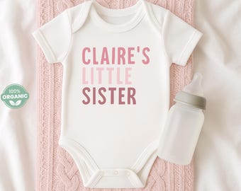 Little Sister Onesie: Organic Cotton Baby Bodysuit, Pink Lettering