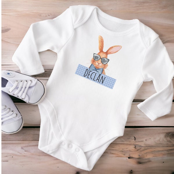 Bunny Name Banner Blue Onesie®, Custom Easter Onesie®, Bunny Baby Outfit, Bunny Easter Outfit, Baby Easter Outfit, Baby's First Easter