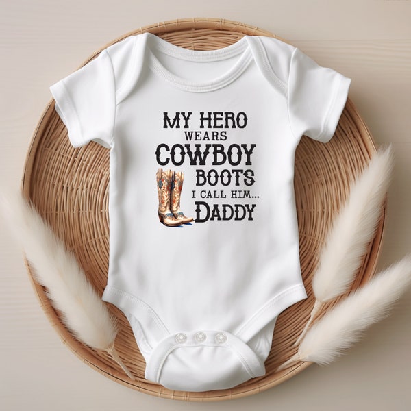 Baby Cowboy Boots Onesie® | My Hero Wears Cowboy Boots Onesie® | Western Theme Baby Pregnancy Announcement Onesie®