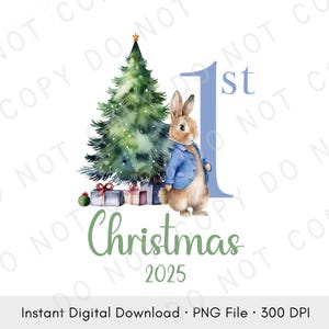 1st Christmas with Peter Rabbit PNG | Blue Baby’s First Christmas Design | Classic Bunny Clipart | Nursery Wall Art | Digital Download