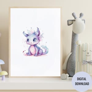 Baby Dragon Watercolor Wall Art, Whimsical, Poster, Print for Nursery, Kids Room, Playroom, Printable, Digital Download