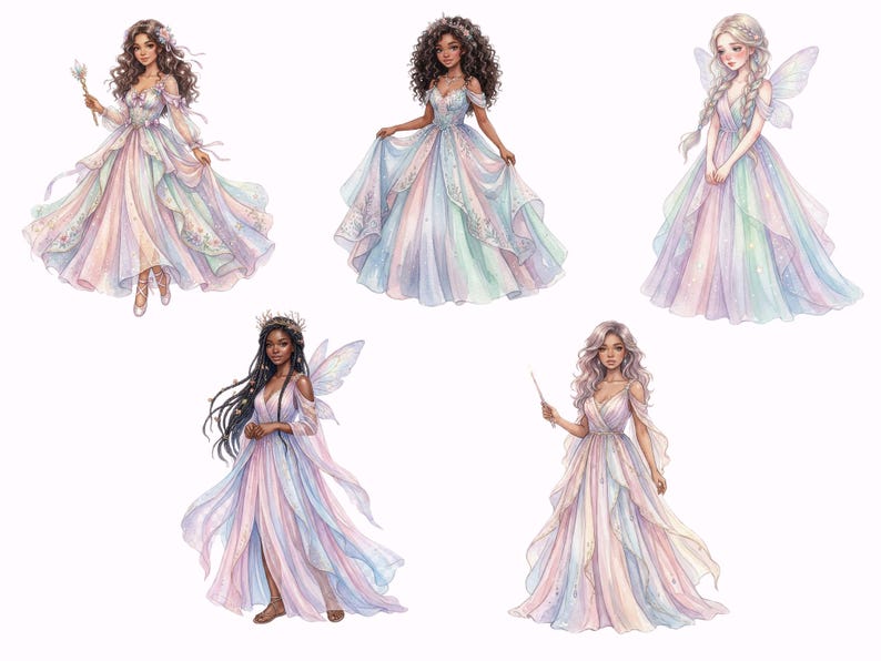 Pastel Magical Girl Clipart Bundle - 24 Watercolor Fairy Princess PNG ...