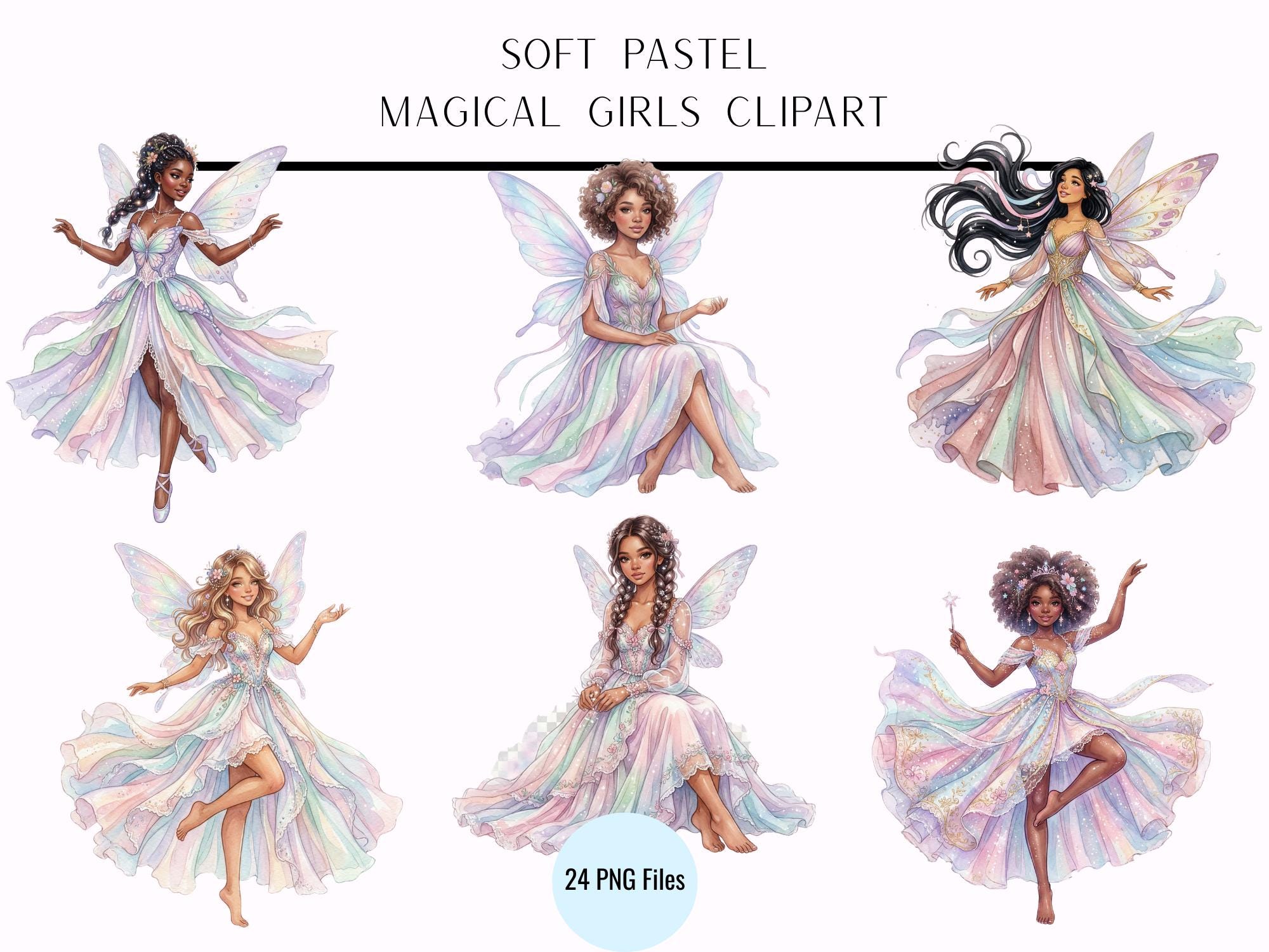 Pastel Magical Girl Clipart Bundle - 24 Watercolor Fairy Princess PNG ...