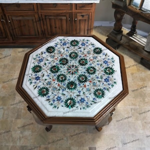 Handmade Marble Inlay Table Top with Malachite, Living Room Decor image 1