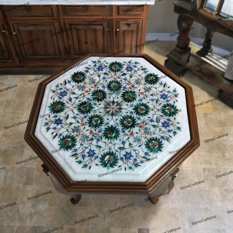Handmade Marble Inlay Table Top with Malachite, Living Room Decor image 1