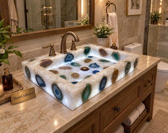 White Quartz & Agate Vessel Sink – Handmade Natural Stone Bathroom Basin – Luxury Gemstone Vanity Sink