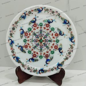 9&quot; Decorative Marble Inlay Plate / Rare Semiprecious Stone Peacock Inlay Art Work / Home Decor Plate / Kitchen & Dining Plate / Home Gifts