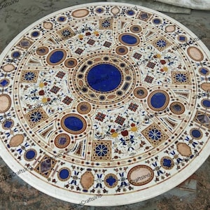 Round White Marble Inlay Pietra Dura  Work Dining Table Top, Natural Semi Stones Inlaid Marquetry Art, Inlay Coffee Table, Living Room Table