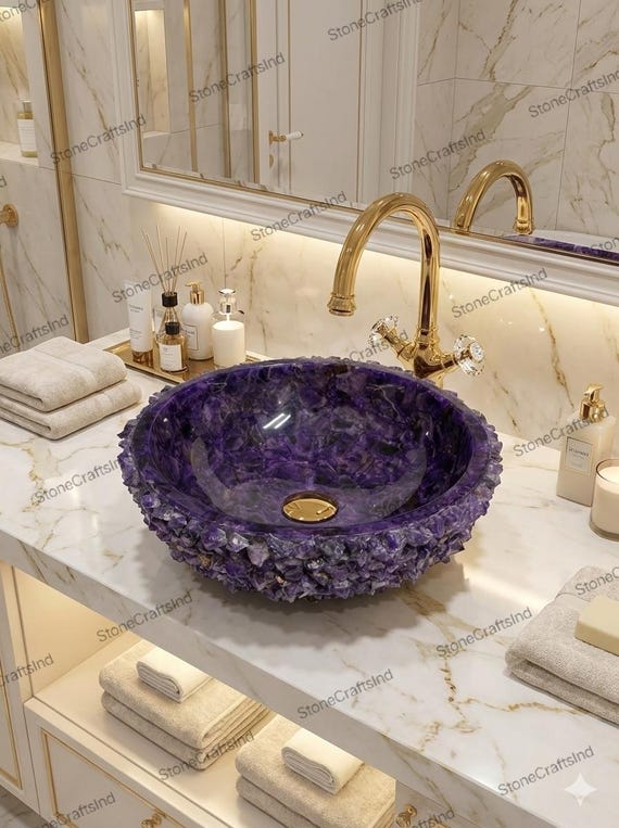 Amethyst Rock Stone Vessel Sink: Handmade Sink for Luxury Spa & Bathroom Wash Basin
