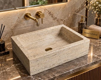 Natural Travertine Vessel Sink – Handmade Rectangular Stone Bathroom Vanity Basin – Luxury Countertop Sink