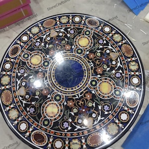 Black Marble Inlay Dining Table Top Semiprecious Stone Inlay Art, Handmade With Natural Stones Inlaid Coffee Center Table, Home Furniture