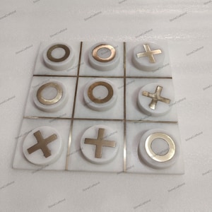 White Marble Brass Inlay Game Tic-tac-toe, Naught and crosses, or Xs and Os  Game for two players