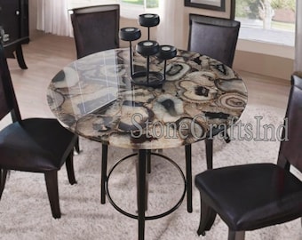 Black Agate Round Table Top, Natural Stone Coffee Table, Handmade Furniture