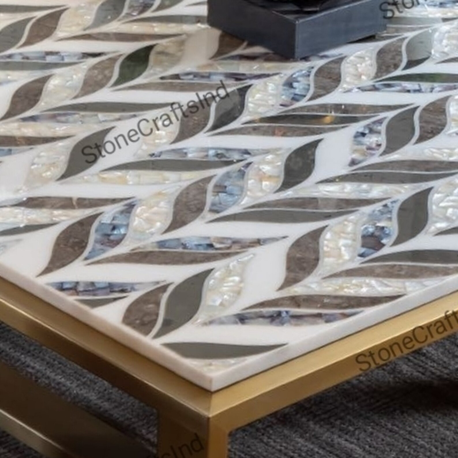 White Marble Inlay Coffee Table Top / Square Mother of Pearl Inlay ...