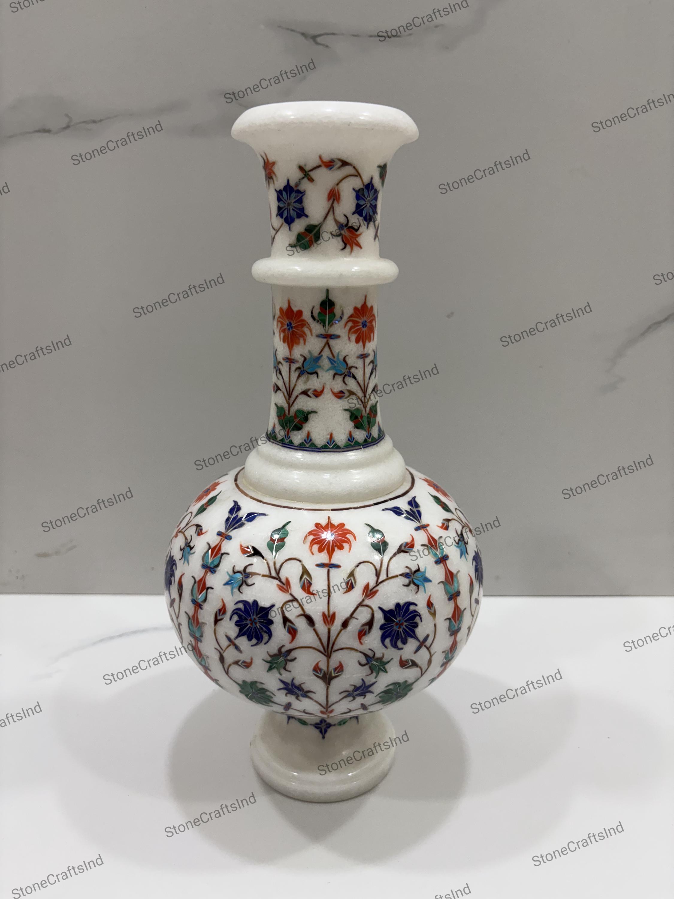 ヴィンテージ大理石象嵌花瓶、半貴石、手工芸品装飾（12インチ
