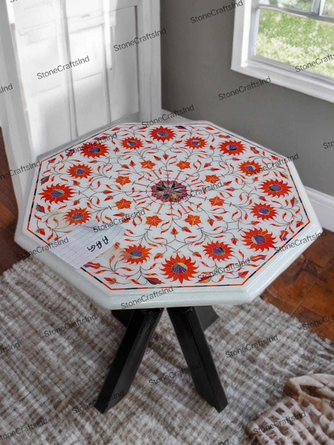 White Marble Inlay Coffee Table Top, Marquetry Inlaid With Natural Carnelian Stone, Inlaid Side Table, Center Table, Living Room Furniture