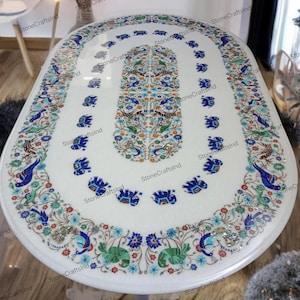 Oval White Marble Inlay Coffee Center Table Top, Marquetry Work Inlaid With Natural Semiprecious Stones, Handmade Pietra Dura Dining Table