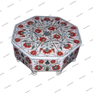 Marble Jewelry Box Semiprecious Stones Inlaid Work Art, White Marble Jewelry Storage Box, Wedding Gift Box, Housewarming Gift, Home Decor