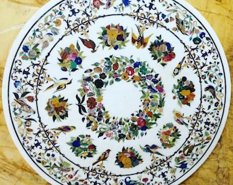 Runde weiße Marmor Inlay Tischplatte, Edelstein Pietra Dura Art