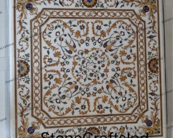 Handgefertigte weiße Marmor Inlay Tischplatte, Pietra Dura Art, Halbedelsteine