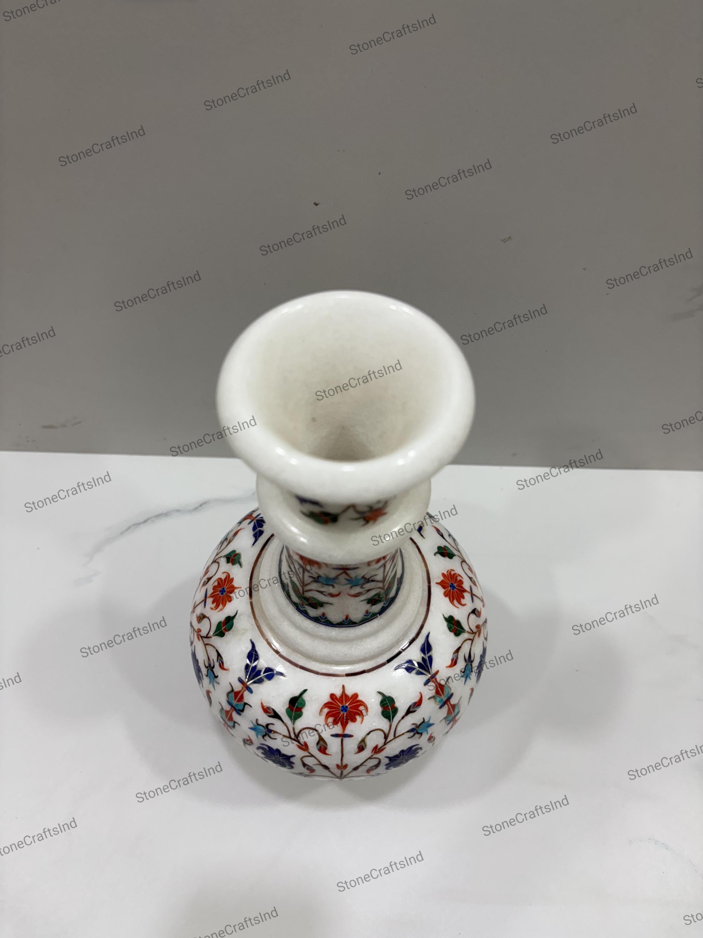 ヴィンテージ大理石象嵌花瓶、半貴石、手工芸品装飾（12インチ