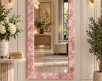 Luxury Rose Quartz Wall Mirror – Handmade Arched Gemstone Mirror – Natural Pink Crystal Home Decor