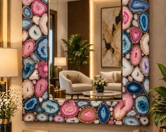 Colorful Agate Stone Mirror – Handmade Gemstone Mosaic Wall Decor – Luxury Statement Mirror