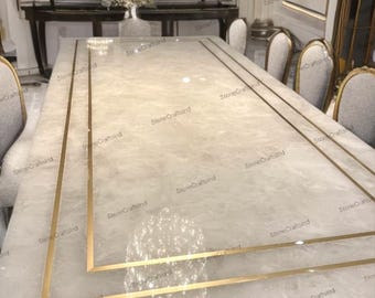 White Quartz Stone & Brass Inlay Dining Table Top / Luxury Living Room Furniture