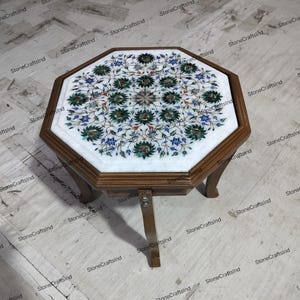 Handmade Marble Inlay Table Top with Malachite, Living Room Decor image 9