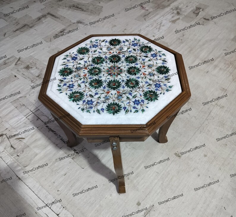 Handmade Marble Inlay Table Top with Malachite, Living Room Decor image 9