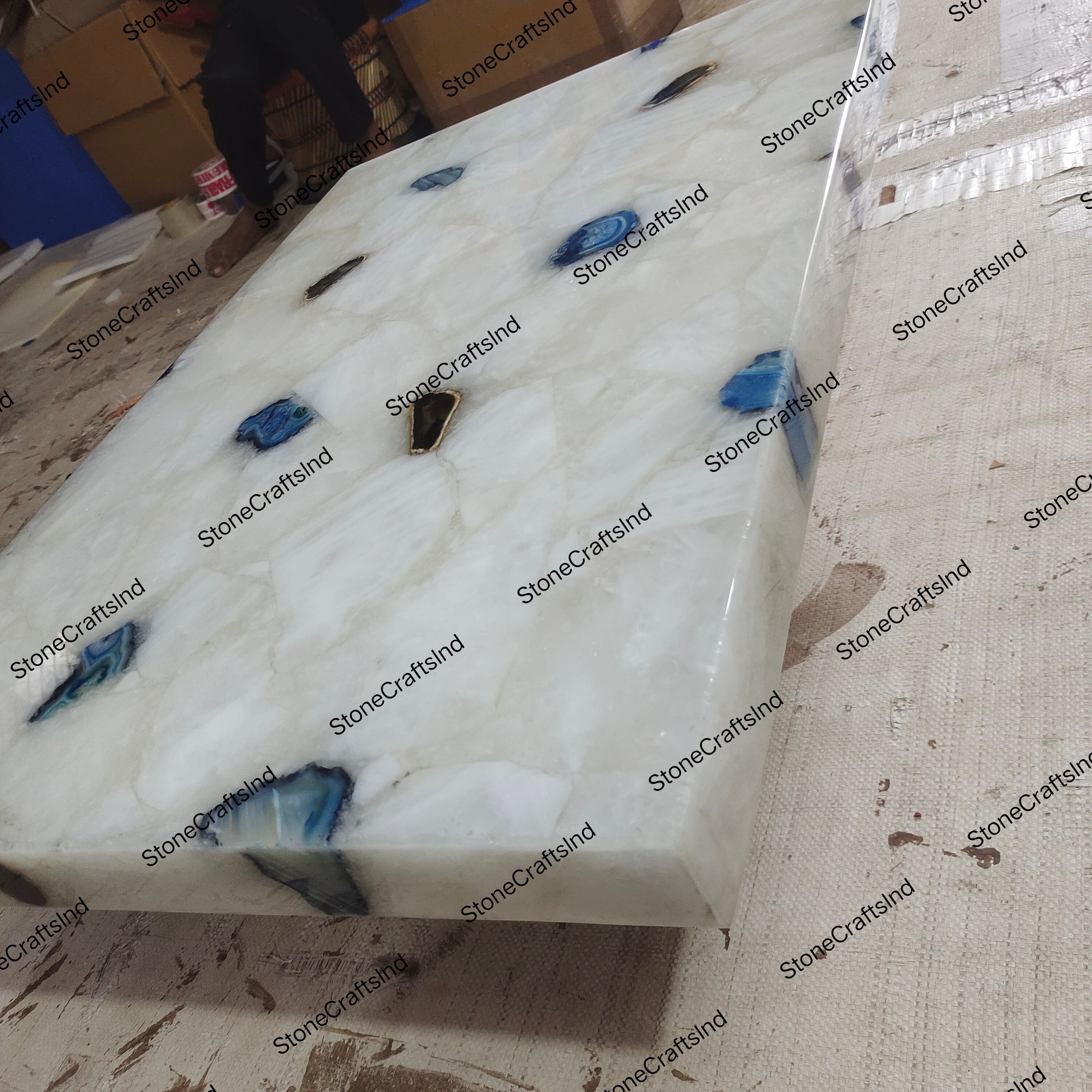White Quartz Dining Table Top, Crystal Quartz & Blue Agate Coffee Table