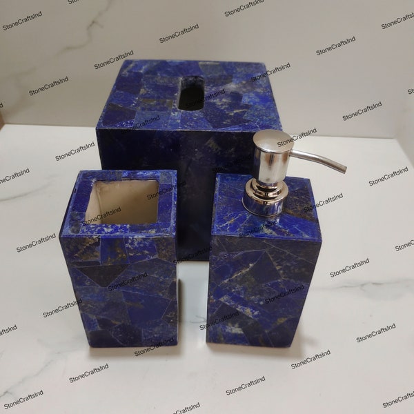 Lapis Lazuli Bathroom Accessories Set, 3 Piece Lapis Lazuli Bathroom Set, Tooth Brush Holder, Soap Dispenser, Tissue Box, Bathroom Decor