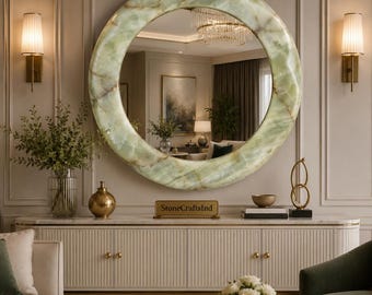Natural Onyx Stone Wall Mirror – Round Green Gemstone Mirror – Luxury Entryway Living Room Decor