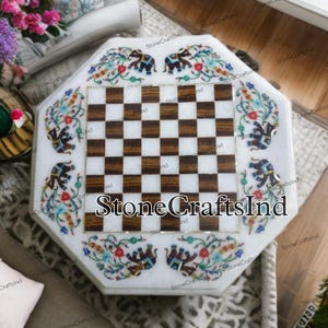 Marmor Inlay Schach Tischbrett | Intarsienarbeit mit natürlichen Halbedelsteinen | Stein Inlay Schach Tisch Couchtisch | Wohnmöbel