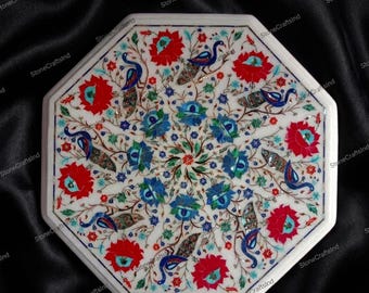 Handmade Marble Inlay Table Top, Semiprecious Stone Inlaid, Office Side Table