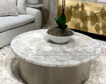 White Agate Coffee Table Top, Stone Sofa Center Table, Dining Room Furniture