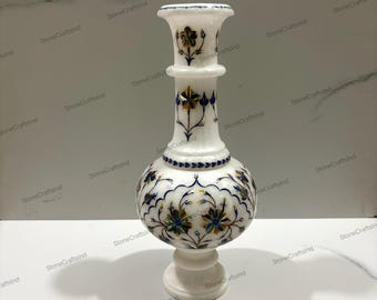 【新品・未使用】大理石花瓶＋タージマハルモニュメント タージ・マハルの花の象嵌細工の貴石モザイク、手彫りの白いマクラナ