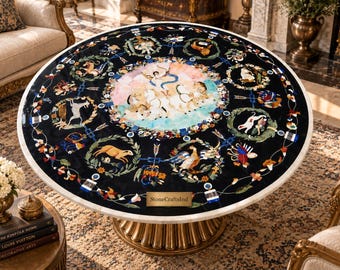 Artisan Pietra Dura Marble Table – Intricate Botanical & Animal Stone Inlay – One-of-a-Kind Luxury Coffee Table