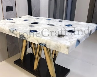 White & Blue Agate Table Top, Quartz Dining Table, Living Room Decor