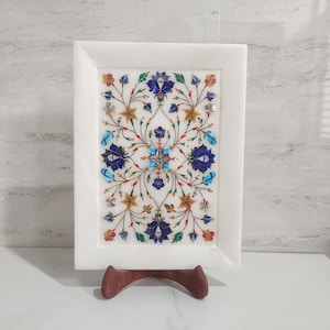 12 x 9  White Marble Tray / Handmade Semiprecious Stones Inlay Art Work / Marble Serving Tray / Wall Decor Tray / Trays & Platters