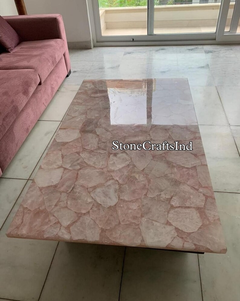Rose Quartz Coffee Center Table Top / Natural Pink Rose Quartz Side