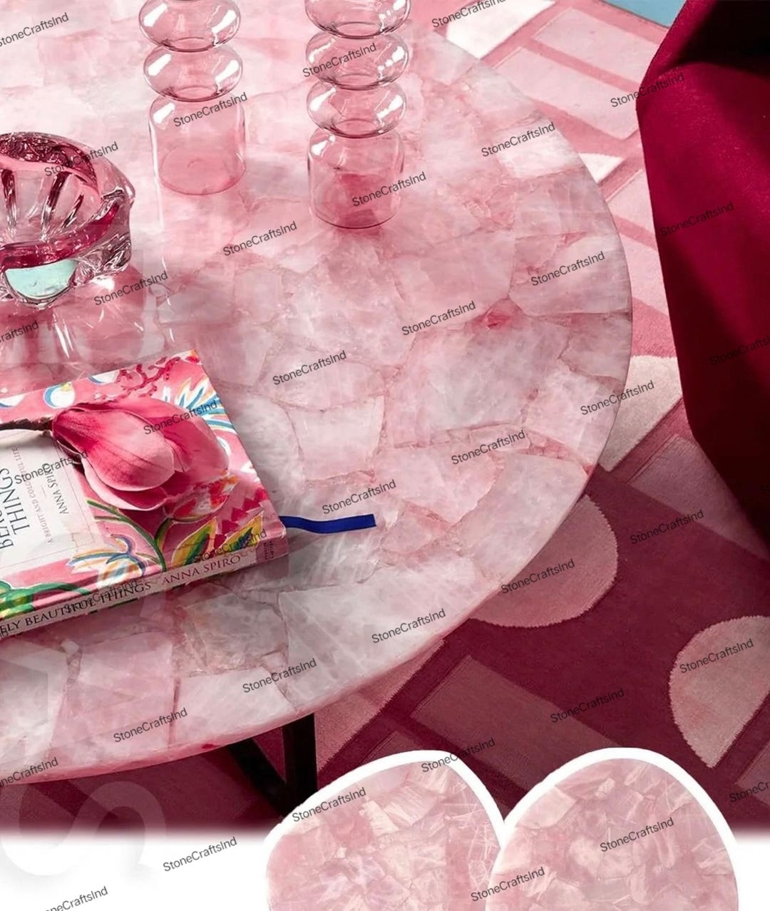 Round Pink Rose Quartz Dining Coffee Table Top, Side Table, Center