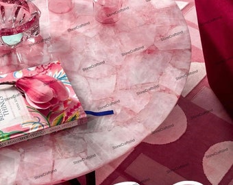 Round Pink Rose Quartz Table Top, Handmade Agate Dining Furniture
