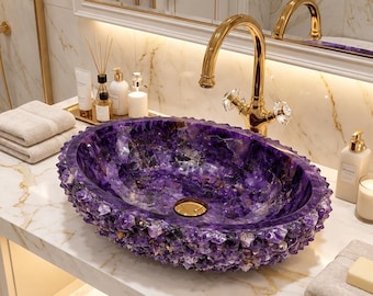 Amethyst Crystal Vessel Sink – Handmade Luxury Oval Bathroom Basin – Natural Purple Gemstone Vanity