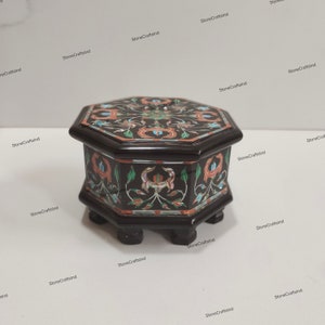 Octagon Black Marble Box With Natural Semiprecious Stone Inlaid Pietra Dura Work, Handmade Stone Inlay Jewelry Box, Storage Box Wedding Gift